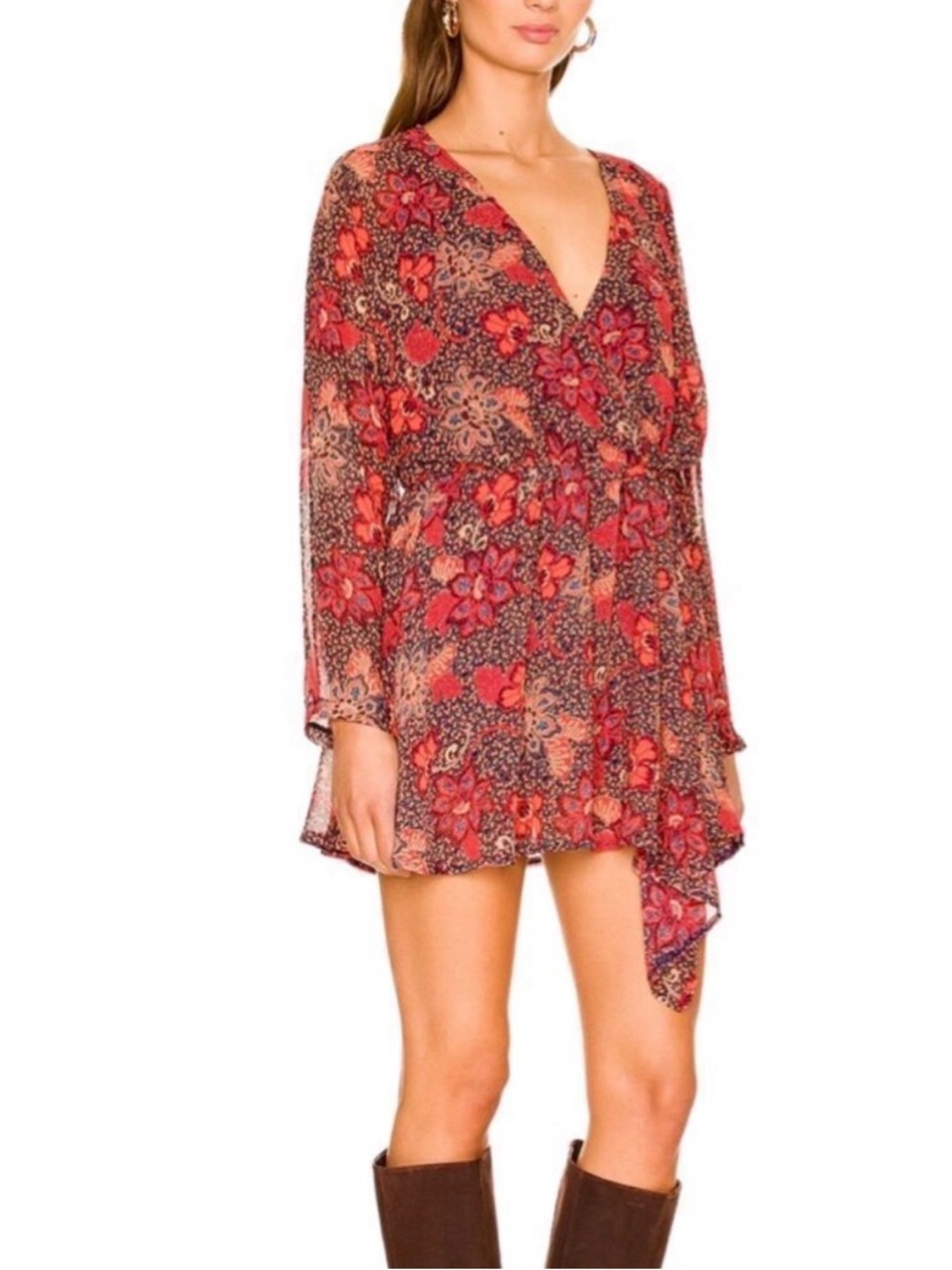 Free People Teegan Mini Dress NWT size Medium‎ in Peach Combo Floral Faux Wrap - Picture 3 of 14